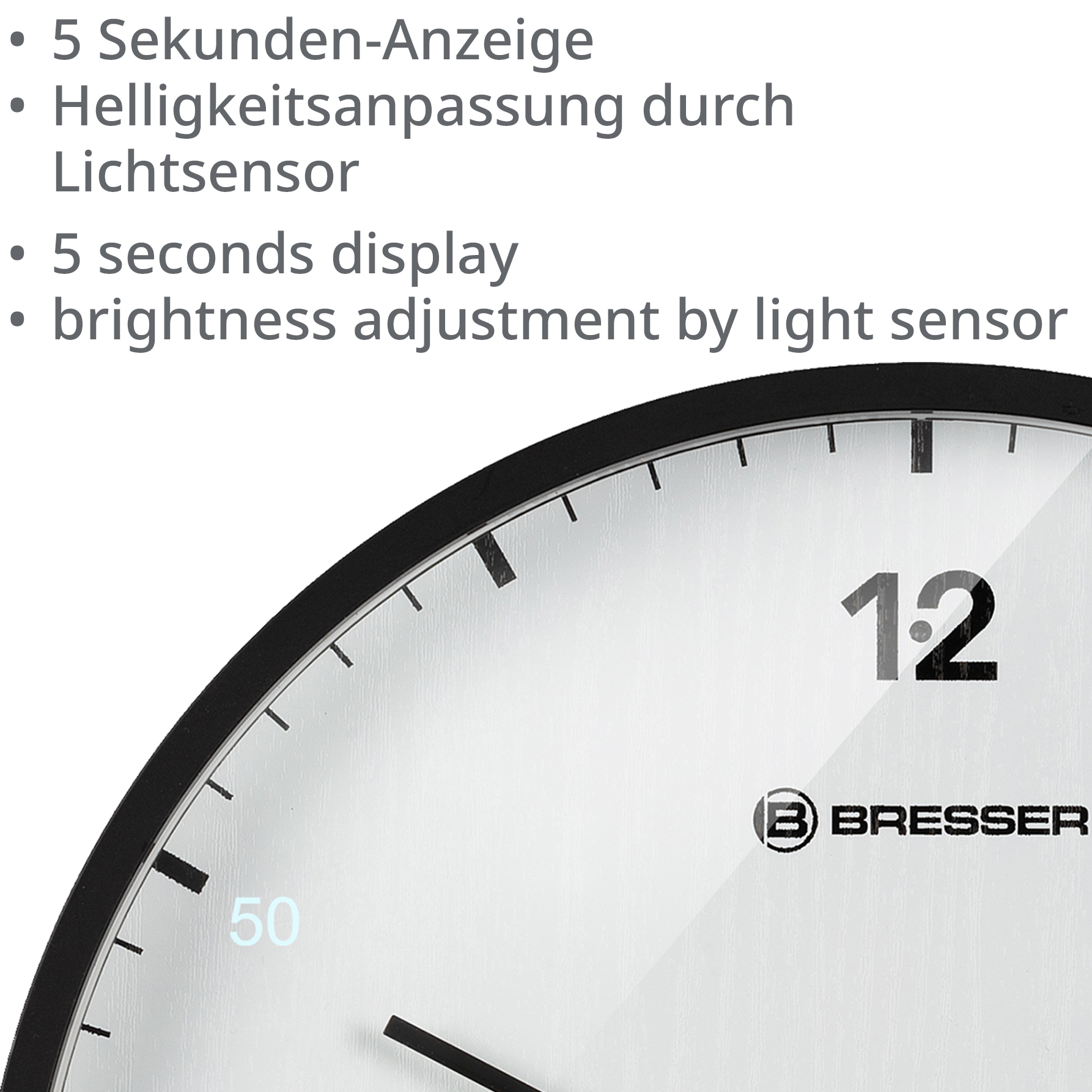 BRESSER MyTime LEDsec Wanduhr 24 cm mit Temperaturanzeige