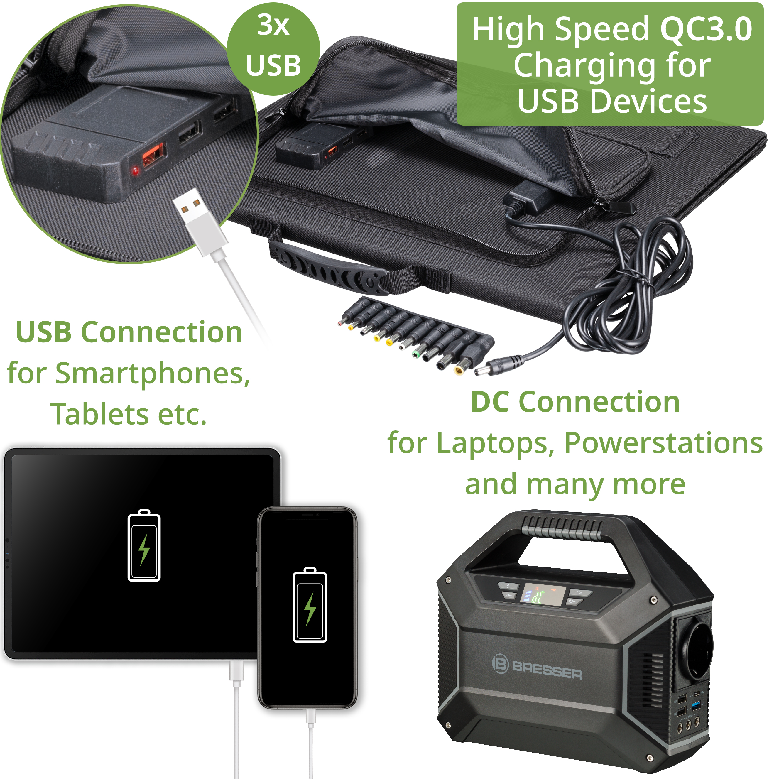BRESSER Mobiles Solar-Ladegerät 60 Watt mit USB- u. DC-Anschluss