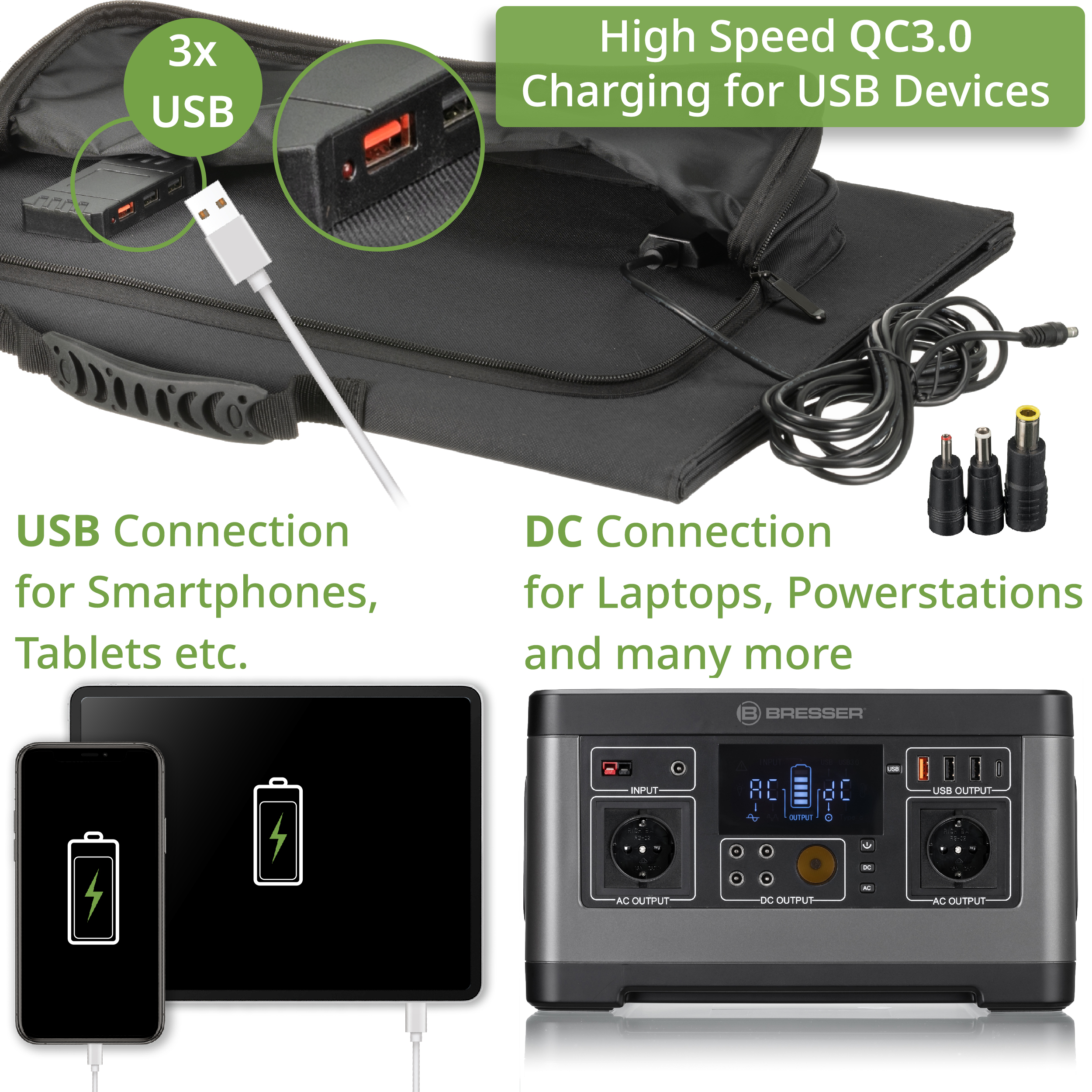 BRESSER Mobiles Solar-Ladegerät 90 Watt mit USB- u. DC-Anschluss